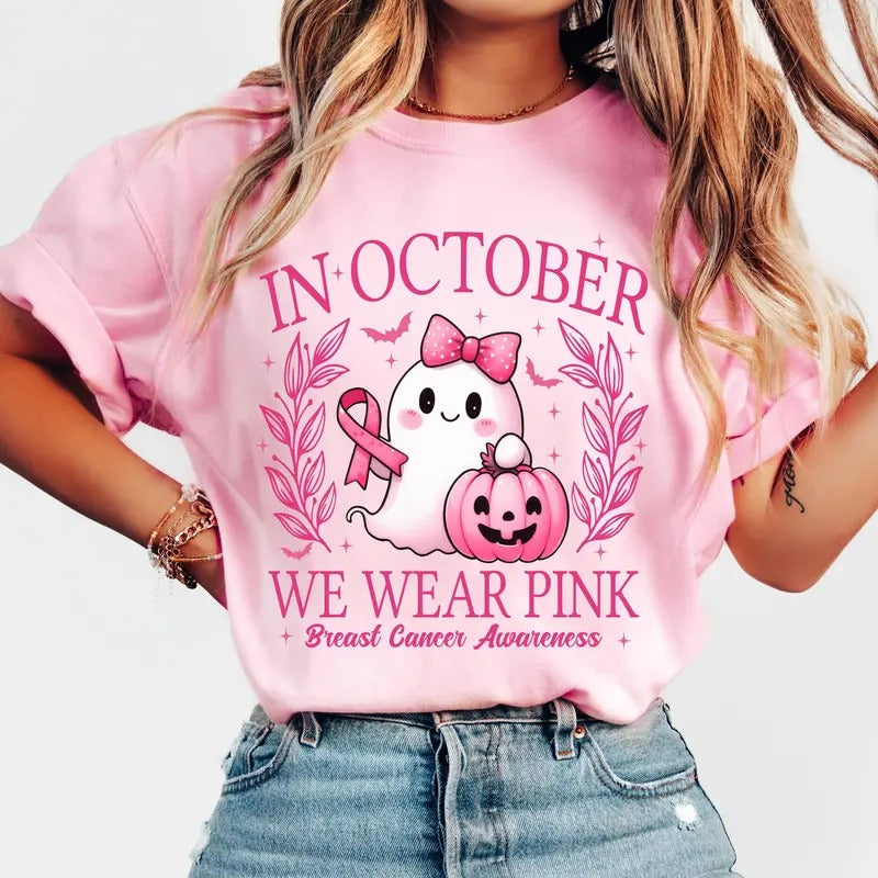 In October We Wear Pink Shirt, Retro Breast Cancer Awareness T-Shirt, Halloween Pink Ghost Sweatshirt, Breast Cancer...