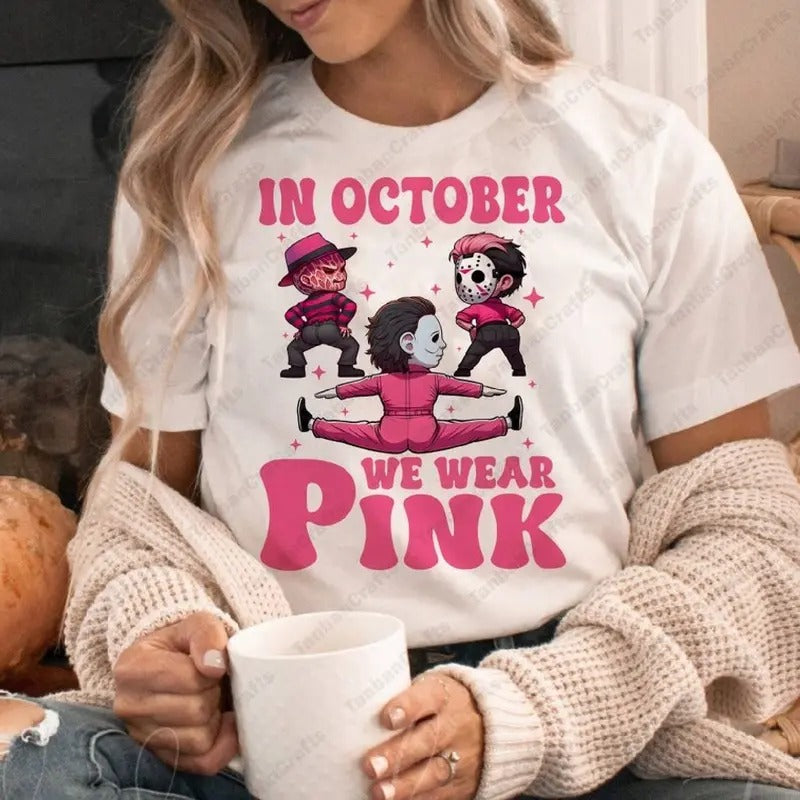 In October We Wear Pink Shirt, There's Some In This House Shirt, Halloween Characters Breast Cancer Month Halloween Funny Halloween Characters Shirt