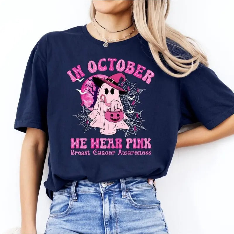 In October We Wear Pink T-Shirt, Breast Cancer Awareness Shirt, Cancer Survivor Shirt, Halloween Shirt, Ghost Shirt, Support Cancer Shirt