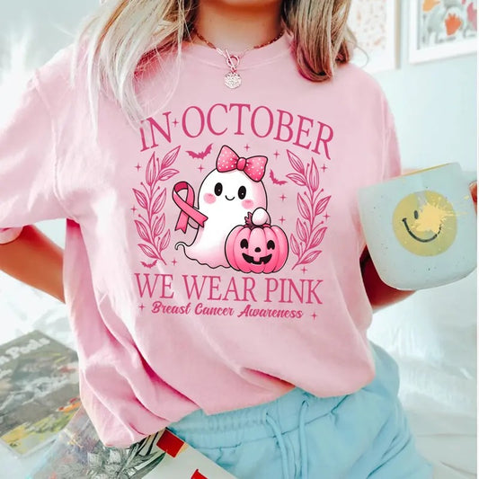 In October We Wear Pink T-shirt, Cute Ghost Shirt, Breast Cancer Awareness Tee, Halloween Shirt