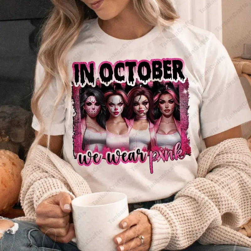 In October We Wear Pink Tshirt Halloween Characters Breast Cancer Awareness Breast Cancer Month Halloween Tshirt Funny Halloween Characters Tshirt