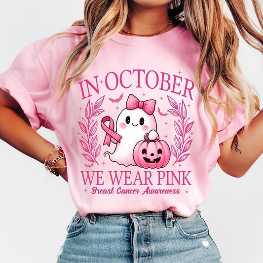 In October We Wear Pink Tshirt, Retro Breast Cancer Awareness Shirt, Halloween Pink Ghost Tee, Top Womenswear Hoodie,...