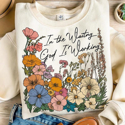 In the Waiting God is Working Sweatshirt, Vintage Floral Christian Sweatshirt, Bible Verse Faith Shirt for Women Fabric
