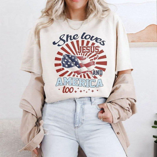 Independence Day Shirt, 4th of July Christian sweatShirt, She Loves Jesus And America Too Shirt, America Retro Shirt, Usa Shirt, USA Flag  T-shirt, sweater and Hoodie
