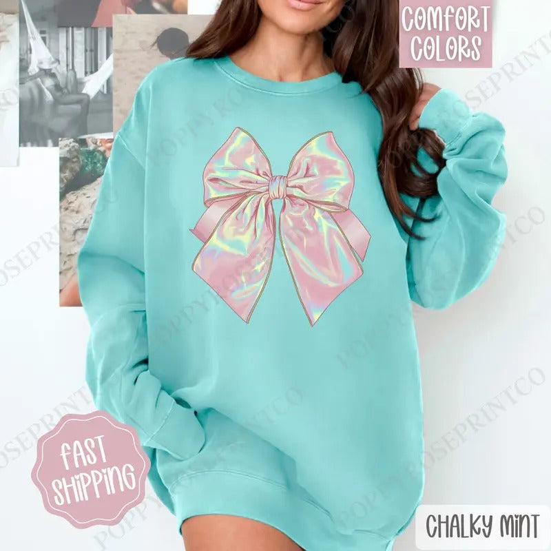 Iridescent Coquette Bow Comfort Colors Sweatshirt, Bow Women's Crewneck, Cute Women's Sweater