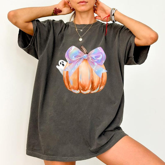 Iridescent Ghost Pumpkin Shirt Comfort Colors, Spooky Season T-shirt, Coquette Pumpkin Crewneck, Halloween Apparel, Halloween Party Long Sleeve Pullover, Women's Top