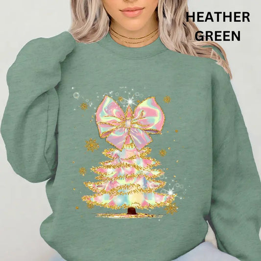 Iridescent Shimmer Christmas Tree Sweatshirt Christmas Winter Graphic Casual Cotton Polyester Oversized sweatshirt - Comfort Crewneck Womenswear
