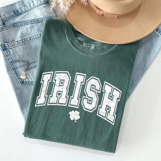 Irish, Retro Lettering, Collegiate, St Patrick's Day Comfort Colors Tshirt, Women's Crew Neck, Crewneck