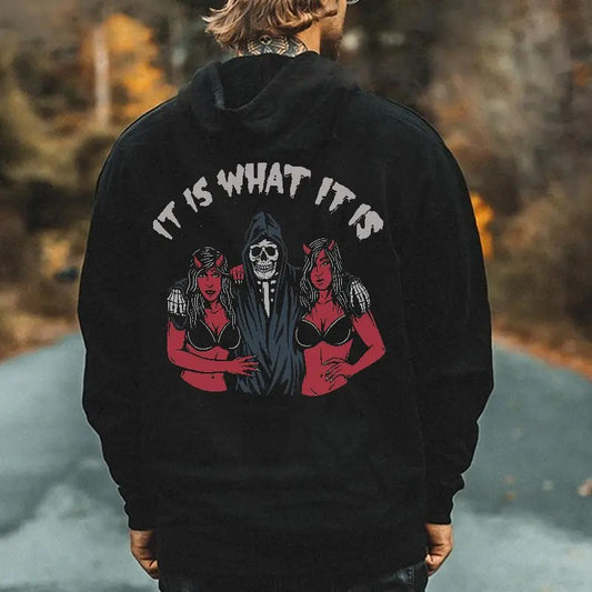 It Is What It Is Skull Printed Men's Hoodie, Sweatshirt, Comfort Errands, Classic Cotton Fabric Menswear, Women's Clothing, Sweatshirt Color, Unisex Hoodie, Merch gift, longsleeves shirt Graphic, Oversized Pocket Sport Sweaters
