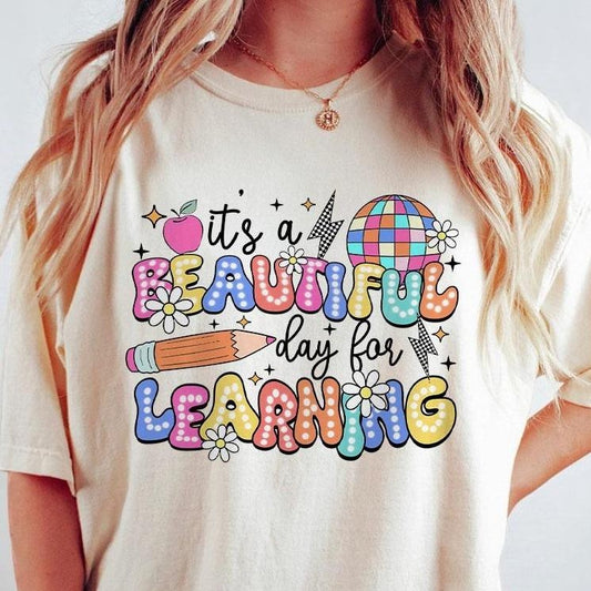 It's A Beautiful Day For Learning Shirt, Teacher Comfort Shirt, Teacher Appreciation Gift, Teacher Life Shirt, Retro Teacher Shirt, First Day Of School, Teach Love Inspire, Teacher Back To School Shirt, Teacher Women Top Breathable Casual Womenswear