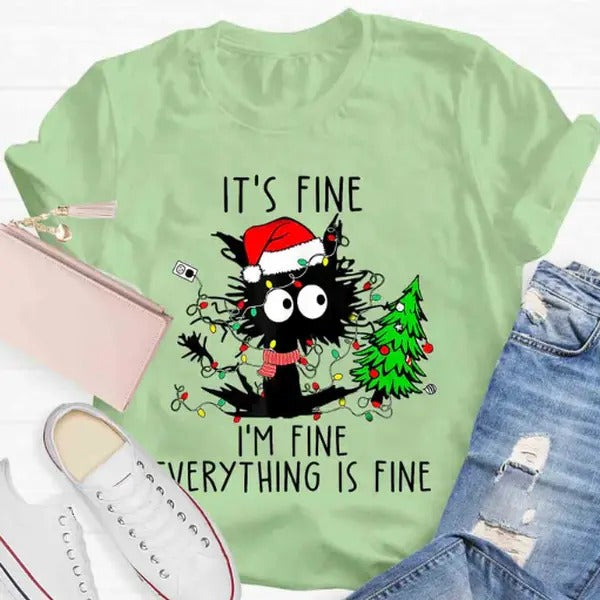 It's Fine I'm Fine Everything Is Fine Christmas T-shirt Streetwear Shortsleeve Crewneck Comfort Top Womenswear