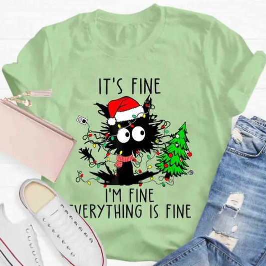 It's Fine I'm Fine Everything Is Fine Christmas T-shirt Streetwear Shortsleeve Crewneck Comfort Top Womenswear