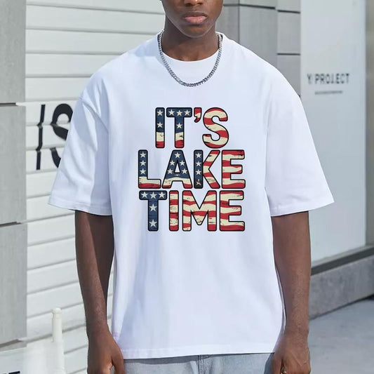It's Lake Time Classic Print Tee, Lake Life Patriotic American Flag Tshirt, Independence Day 4th of July Unisex Cotton T-Shirt