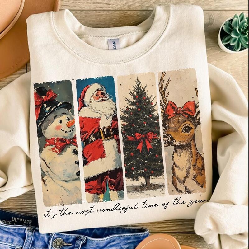 It's The Most Wonderful Time Of The Year Christmas Sweatshirt, Vintage Christmas Sweatshirt, Santa Sweater, Retro Christmas Shirt, Christmas Tree Reindeer Snowman Sweater, Xmas Tee, Christmas Holiday Gift Shirt