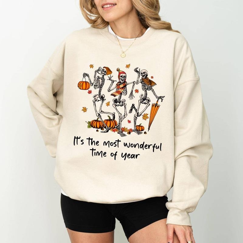 It's the Most Wonderful Time of The Year Sweatshirt, Funny Skeleton Crewneck, Fall Autumn Skull Sweatshirt, Spooky Skeleton Sweater, Halloween Party Outfits, Long Sleeve Pullover, Cute Womens Tops, Fall Winter Casual Womenswear, Comfort Cotton Fabric Top