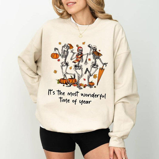 It's the Most Wonderful Time of The Year Sweatshirt, Funny Skeleton Crewneck, Fall Autumn Skull Sweatshirt, Spooky Skeleton Sweater, Halloween Party Outfits, Long Sleeve Pullover, Cute Womens Tops, Fall Winter Casual Womenswear, Comfort Cotton Fabric Top