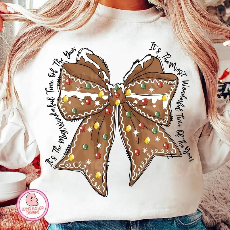 It's the most Wonderful Time of the Year Gingerbread Bow Coquette Sweater Cotton Womenswear Christmas Sweatshirt Unisex Check