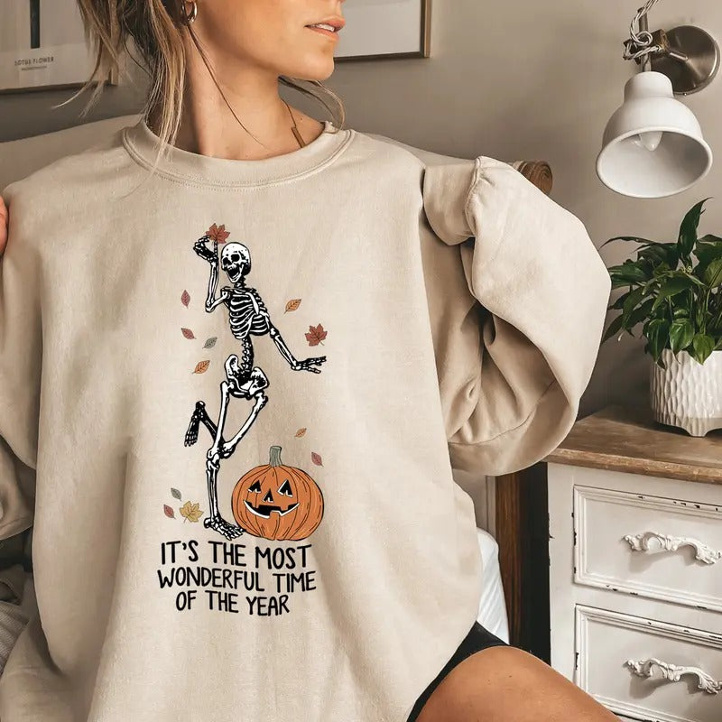 Its The Most Wonderful Time Of The Year Sweatshirt, Skeleton Dancing Halloween Sweatshirt, Spooky Season Shirt, Skeleton Pumpkin Shirt, Fall Halloween Sweatshirt, Pumpkin Face Shirt, Autum Fall Shirt