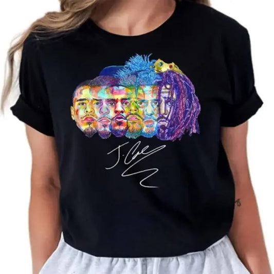 J Cole face T-Shirt, Colorful Graphic Design, Hip Hop Artist, Rap Music Merch, Signed Shirt, Streetwear Style, Vintage Tee, Trending shirt Cotton Top