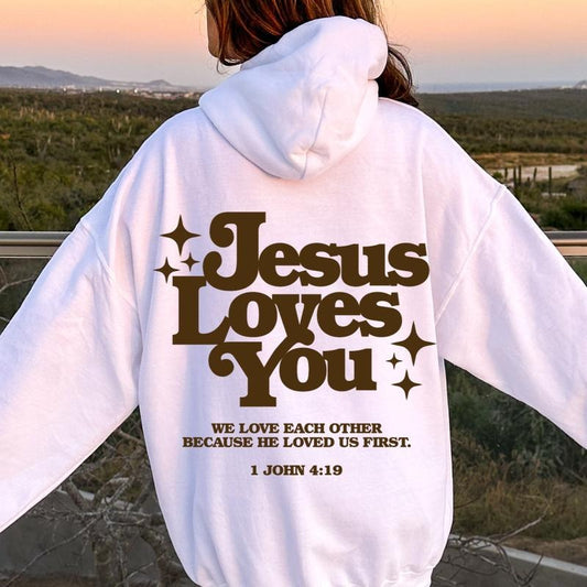 JESUS LOVES YOU CHRISTIAN HOODIE OVERSIZED COMFY CASUAL COTTON HOODIE Comfort Unisex Womenswear Long Sleeves Minimalist Sleeves