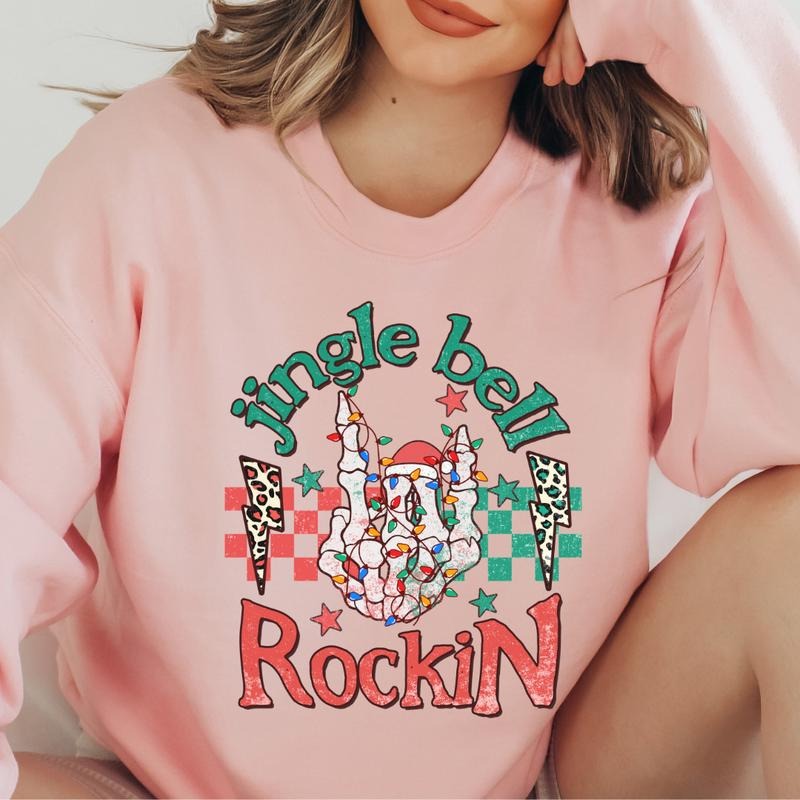 JINGLE BELL ROCKIN SKELETON Crewneck (Crewneck Sweatshirt, Unisex Fit, Causal Sweatshirt for Christmas, Christmas Holiday Sweatshirt) Casual Womenswear Everyday Hoodie