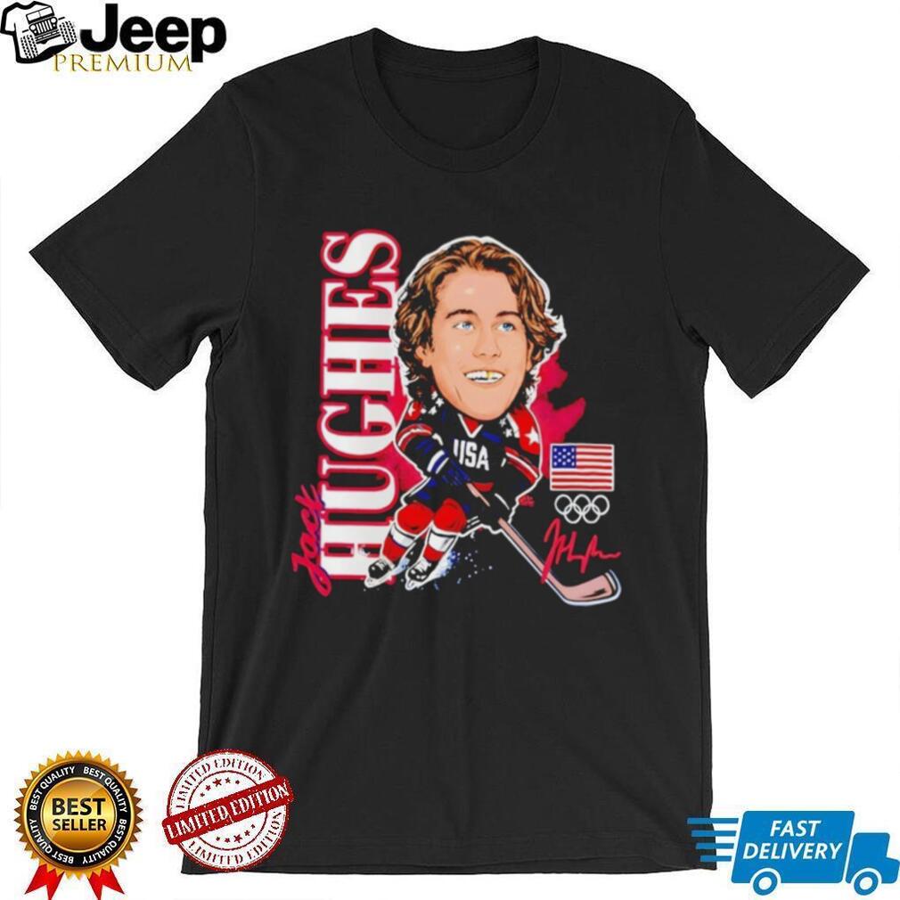 Jack Hughes USA Olympic Hockey Caricature Signature T Shirt