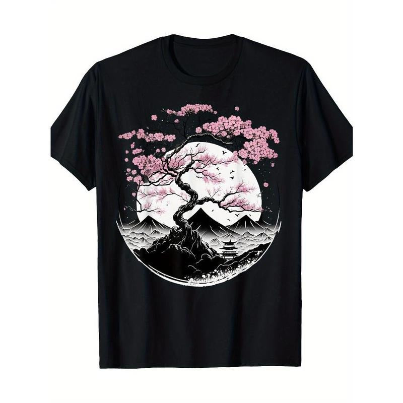 Japanese Sakura Garden Geisha Mount Fuji Cherry Blossom T-Shirt Made in USA