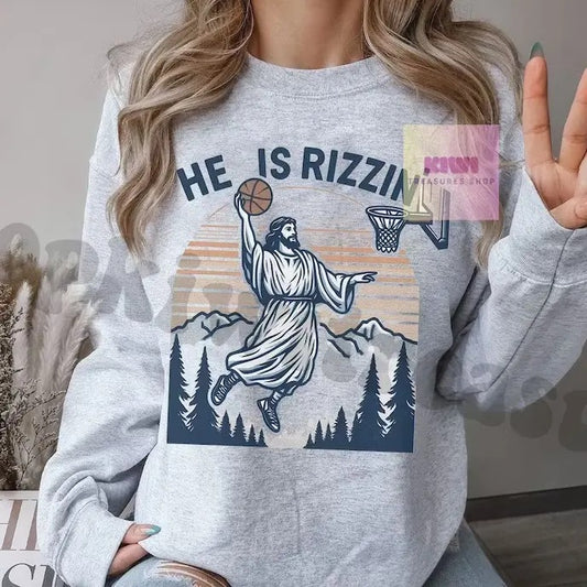 Jesus Basketball Easter Shirt - Jesus He Is Rizzin' Funny Religious Graphic Tee, Y2K Retro Faith Apparel, Aesthetic Gift for Believers