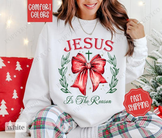 Jesus Bow Comfort Colors Sweatshirt, Holiday Sweater Womenswear, Xmas Crewneck