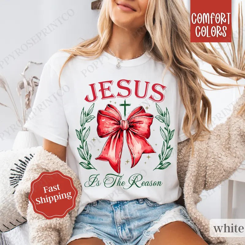 Jesus Bow Shirt Comfort Colors, Christian Christmas Tshirt, Religious Holiday Tshirt, Women's Holiday Tee