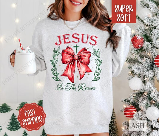 Jesus Bow Sweatshirt, Christmas Sweater, Women's Holiday Crewneck