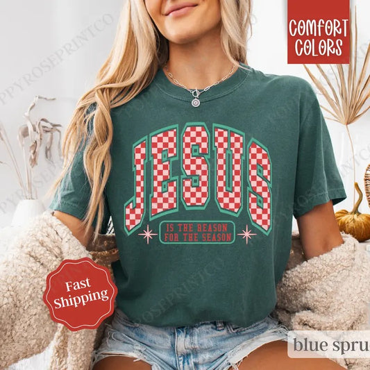Jesus Checkered Christmas Shirt Comfort Colors, Xmas Tshirt, Religious Holiday Tshirt, Women's Holiday Tee