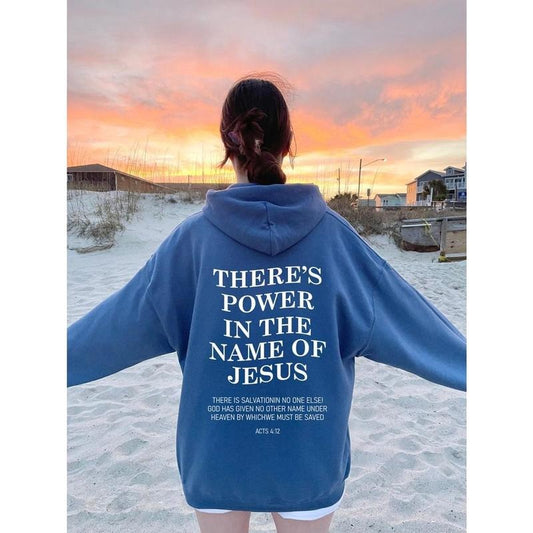 Jesus Christ Hoodie - Blue Cotton Polyester with "THERE'S POWER IN THE NAME OF JESUS" Verse, Light Solid Design, Comfortable Fit for Women