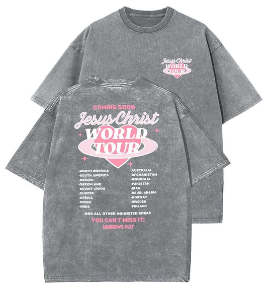 Jesus Christ World Tour Unisex Washed T-Shirt, Christian t shirts, Vintage 90s Graphic Tee, Gift Top Womenswear Cotton Mineral Color