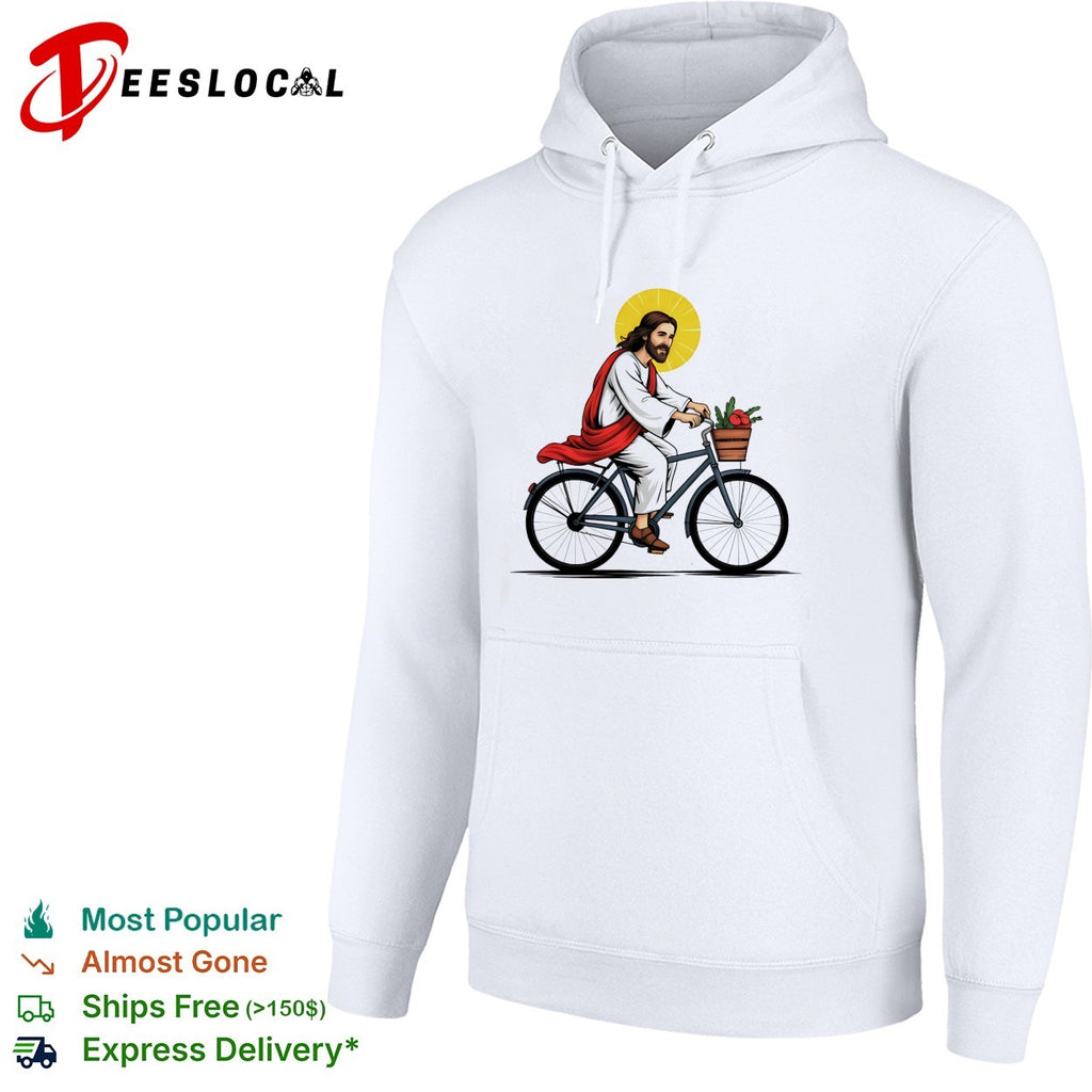 Jesus Christ riding bicycle with flower basket and halo shirt