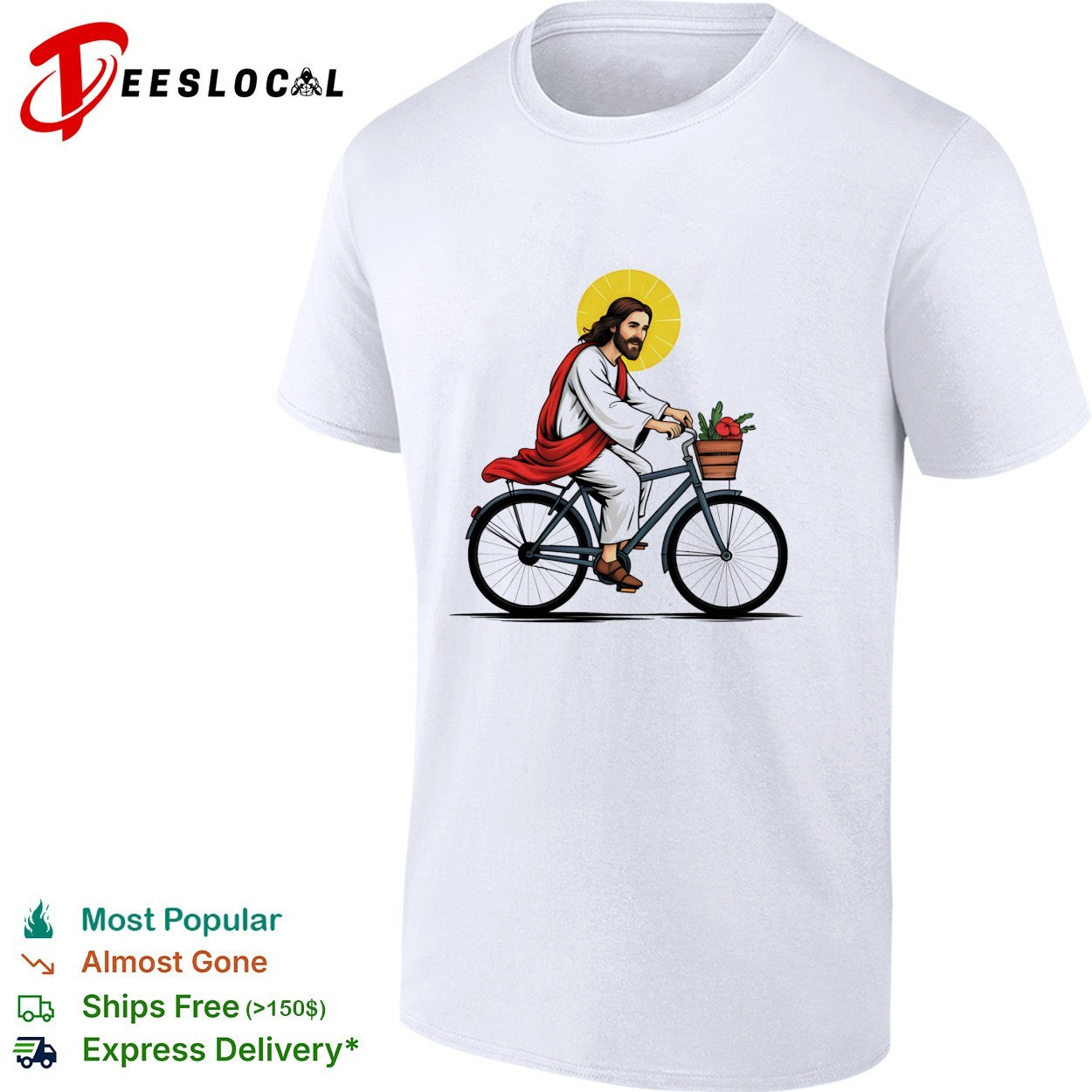 Jesus Christ riding bicycle with flower basket and halo shirt