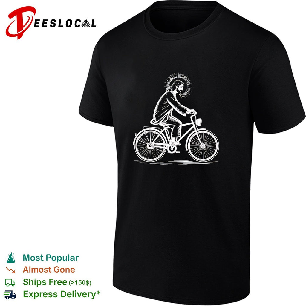 Jesus Christ riding bicycle with halo line art shirt