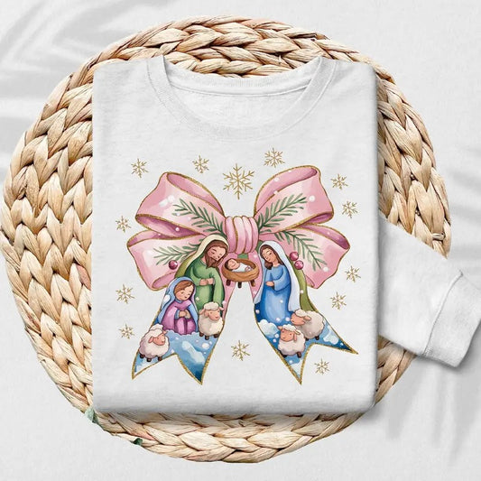 Jesus Christmas Coquette Bow T-Shirt, Christian Nativity Scene Shirt, Pink Christmas Crewneck, Classic Holiday Tee