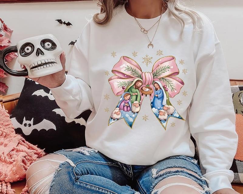 Jesus Christmas Coquette Sweater, Pink Christmas Coquette Bow T-Shirt, Bible Verse Shirt, Nativity Christmas Sweatshirt, Baby Jesus Tee Shirt