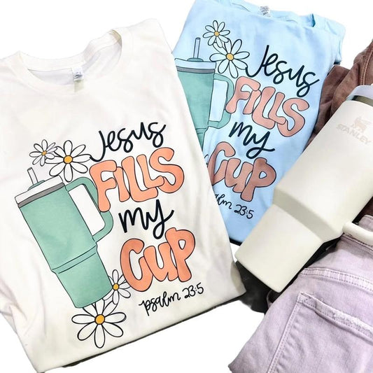 Jesus Fills my Cup T-shirt Funny Gift Tee Mom Love mug  shirt leopard tee Cowboy T-Shirt Cowgirl Western Tshirt Southern Preppy Tee Mama Country Cow Print Tee stay hydrated gift for mom funny Comfort Shortsleeve Summer Top Womenswear Athletic