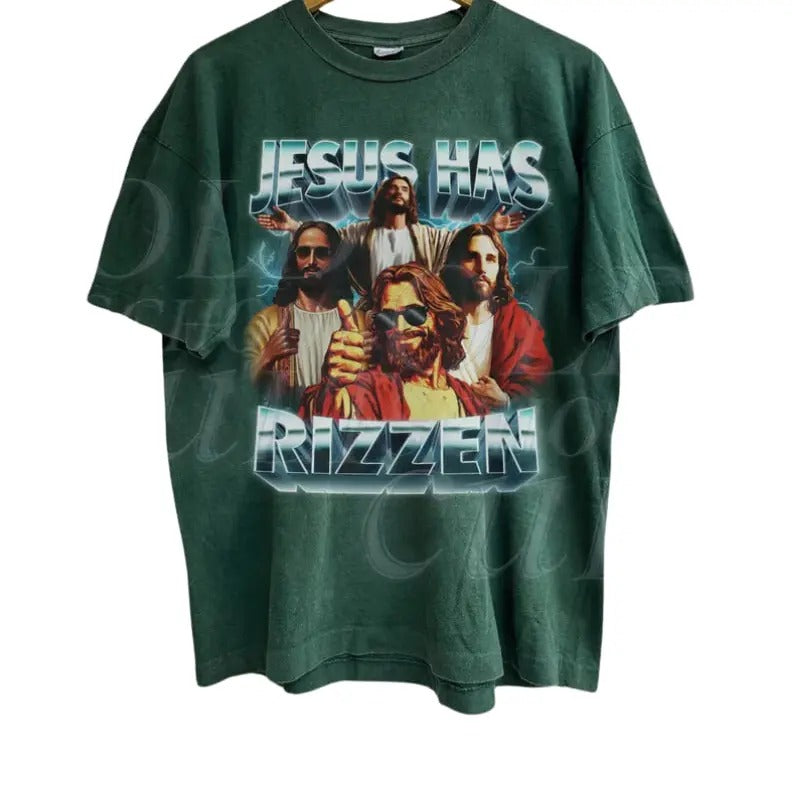 Jesus Has Rizzen Vintage Graphic 90s T-Shirt, Retro Graphic Shirt, Funny Jesus Shirts, Distressed Cotton Shirt, Oversized Bootleg Tee,Christian Gift Menswear Top Wetsuit
