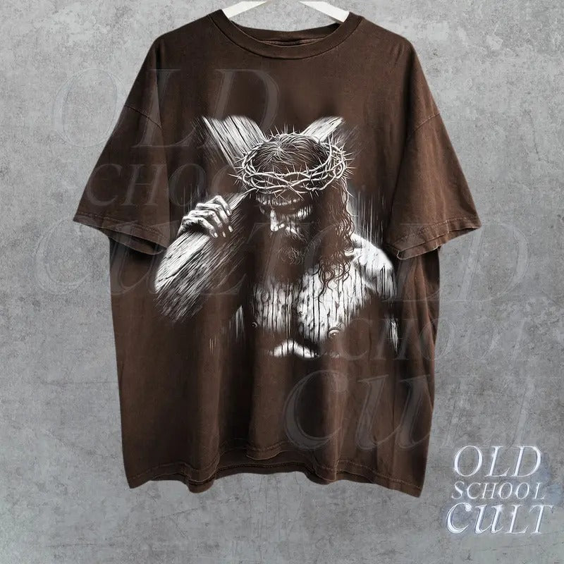 Jesus Holding Cross Vintage Halftone 90s Graphic Shirt, Retro Faith Jesus Shirt, Christian Shirt Cotton Menswear