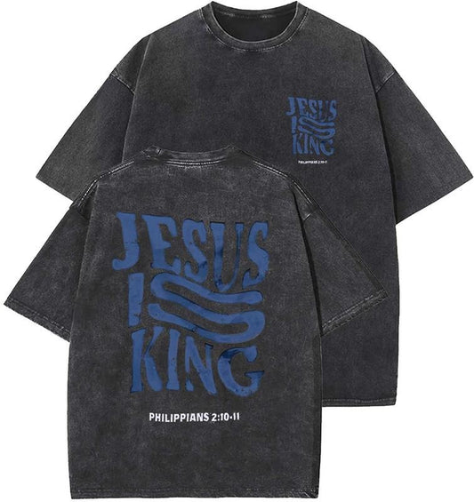 Jesus Is King Unisex Washed T-Shirt, Christian Tshirts, Vintage 90s Graphic Tee, Gift Top Womenswear Cotton Mineral Color