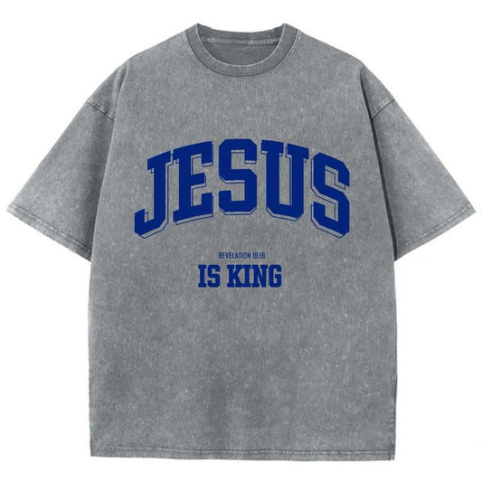 Jesus Is King Unisex Washed T-Shirt, Christian t shirts, Vintage 90s Graphic Tee Gift Cotton Top Womenswear, Mineral color