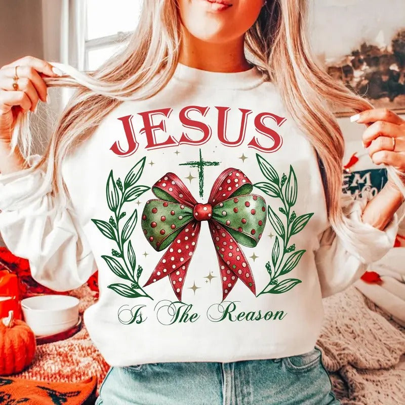 Jesus Is the Reason for the Season Sweatshirt, Christmas Coquette Bow T-Shirt, Christmas Jesus Holiday Clothing, Unisex Cotton Crewneck