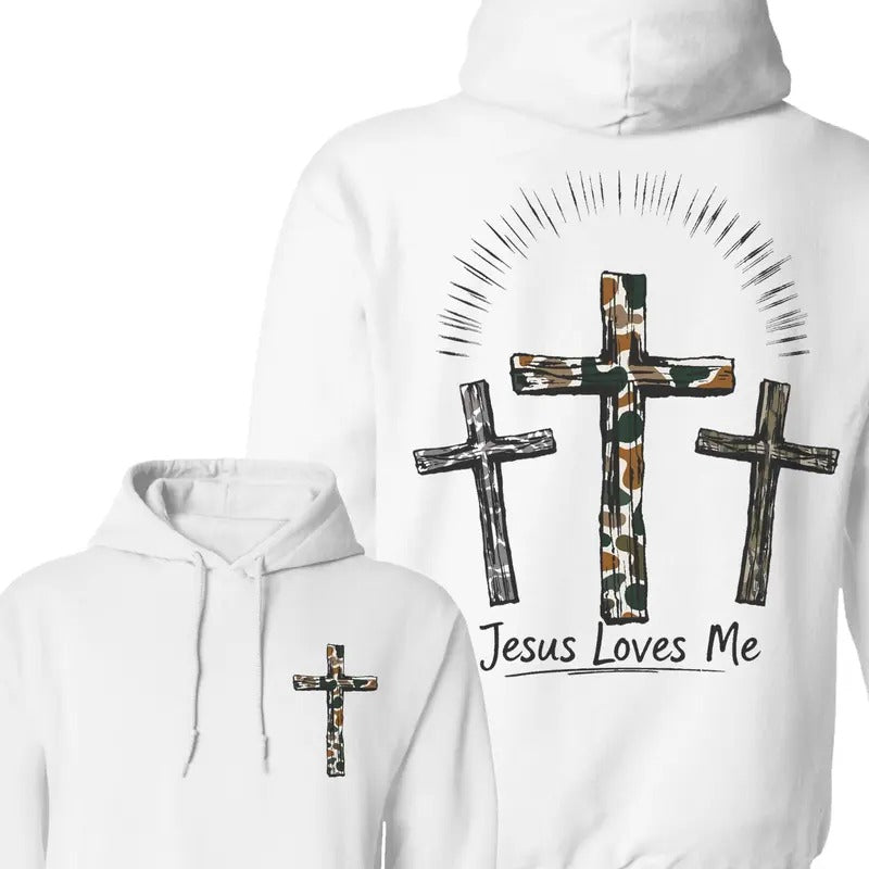 Jesus Loves Me Camo Cross 2 Sided Unisex Hoodie, Religious Hunting Camo Shirt, Jesus Cross in Camo Pattern Sweater, Top Menswear
