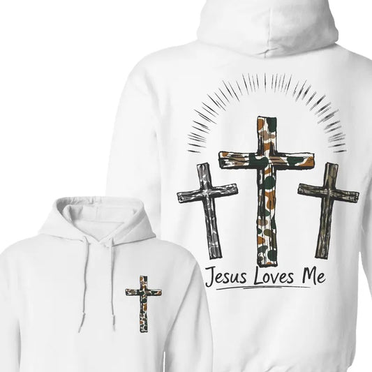 Jesus Loves Me Camo Cross 2 Sided Unisex Hoodie, Religious Hunting Camo Shirt, Jesus Cross in Camo Pattern Sweater, Top Menswear
