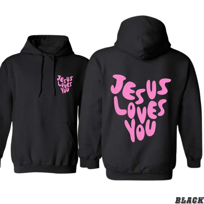 Jesus Loves You Hoodie - Heartfelt Christian Message in Bold Pink Print, Perfect for Sharing Faith and Love Menswear...