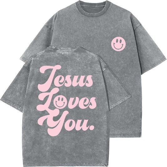 Jesus Loves You Unisex Washed T-Shirt, Christian t shirts, Vintage 90s Graphic Tee, Gift Top Womenswear Cottonstyle{n002}2