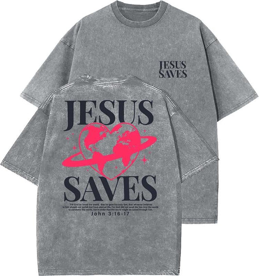 Jesus Saves Unisex Washed T-Shirt, Christian t shirts, Vintage 90s Graphic Tee, Gift Top Womenswear Cotton Mineral Color